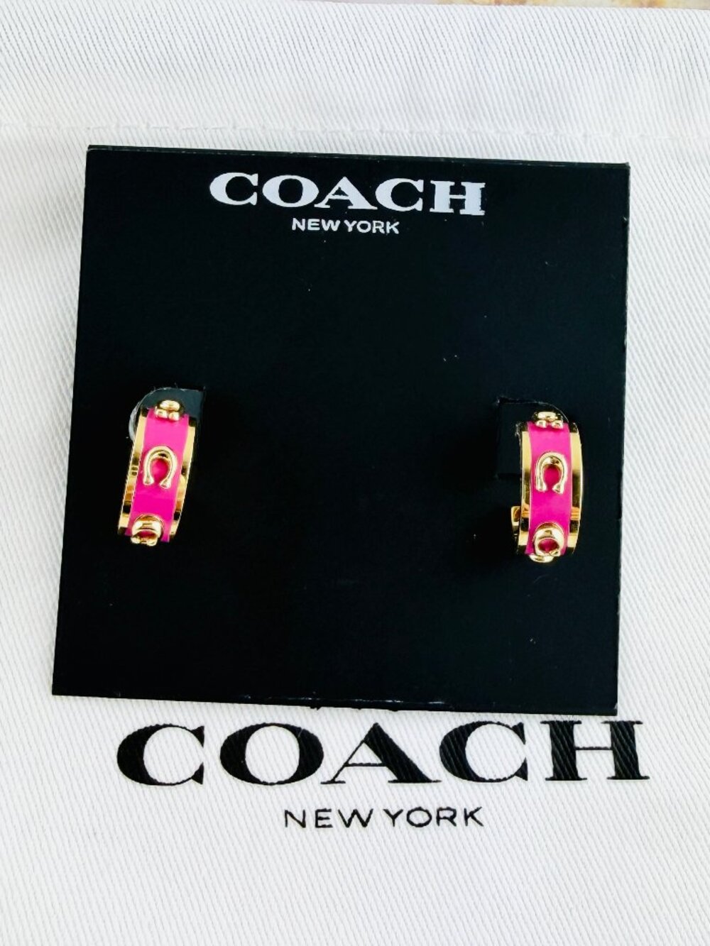 New Coach Pegged C Chalk Pink enamel huggie Gold earrings
